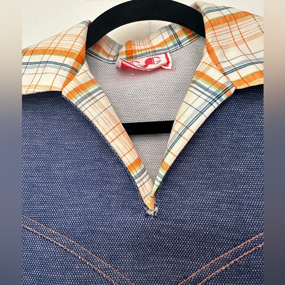 VINTAGE 3-pc 60s/70s denim/plaid print skirt/shirt/tunic set w/apple motif (S) - Picture 12 of 16